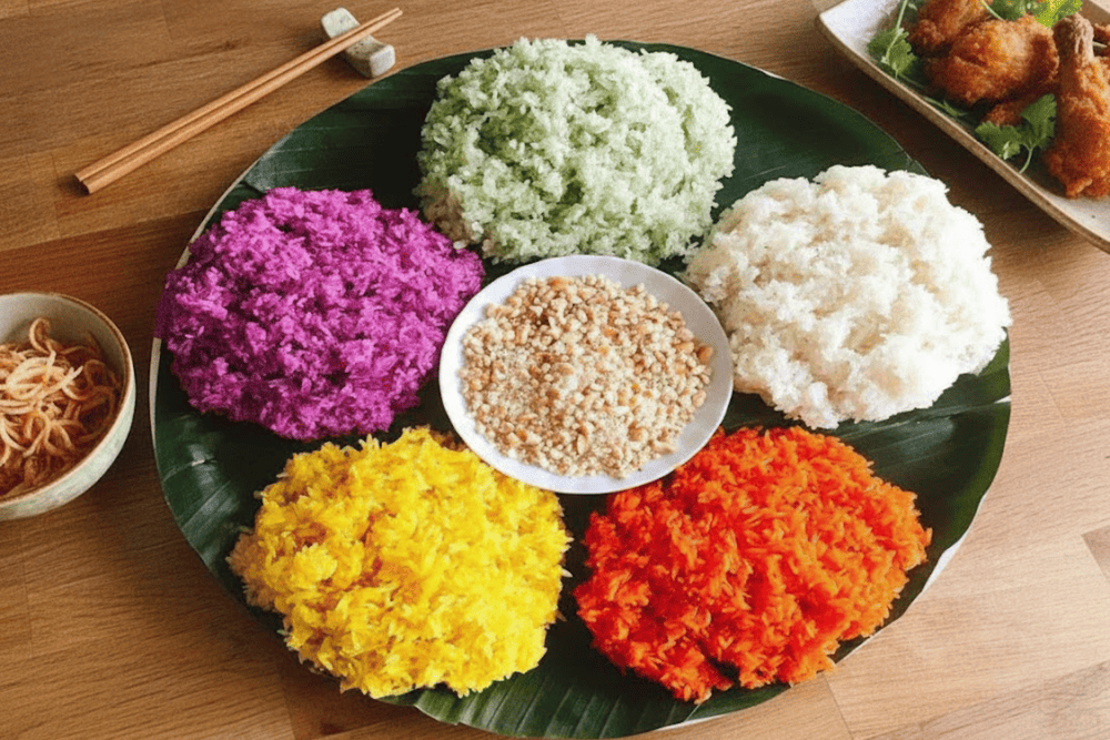 Red and green sticky rice colors are extracted from gac fruit and ginger leaves/pandan leaves, respectively